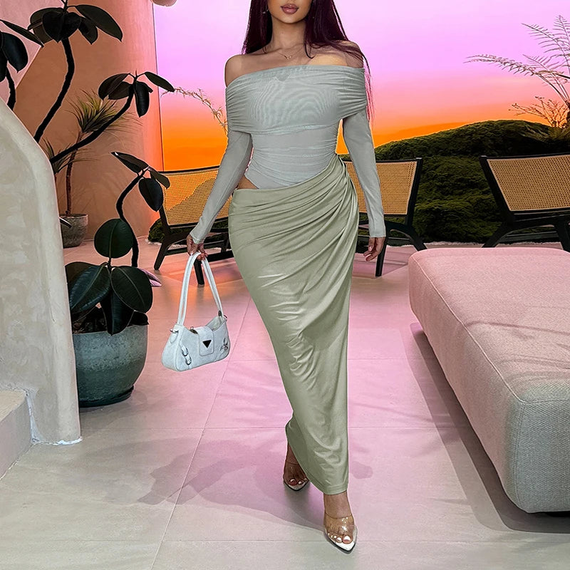 One Shoulder Mesh Perspective Long Dress